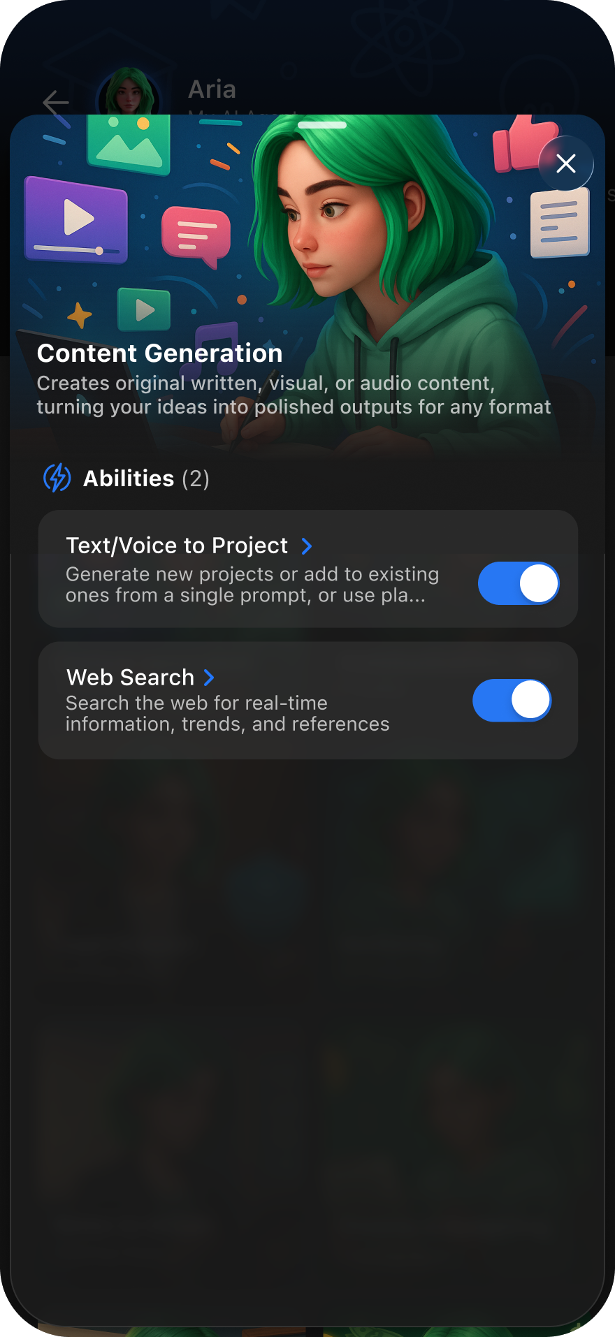 The Abilities screen with a Content Generation category and toggles for Text/Voice to Project and Web Search
