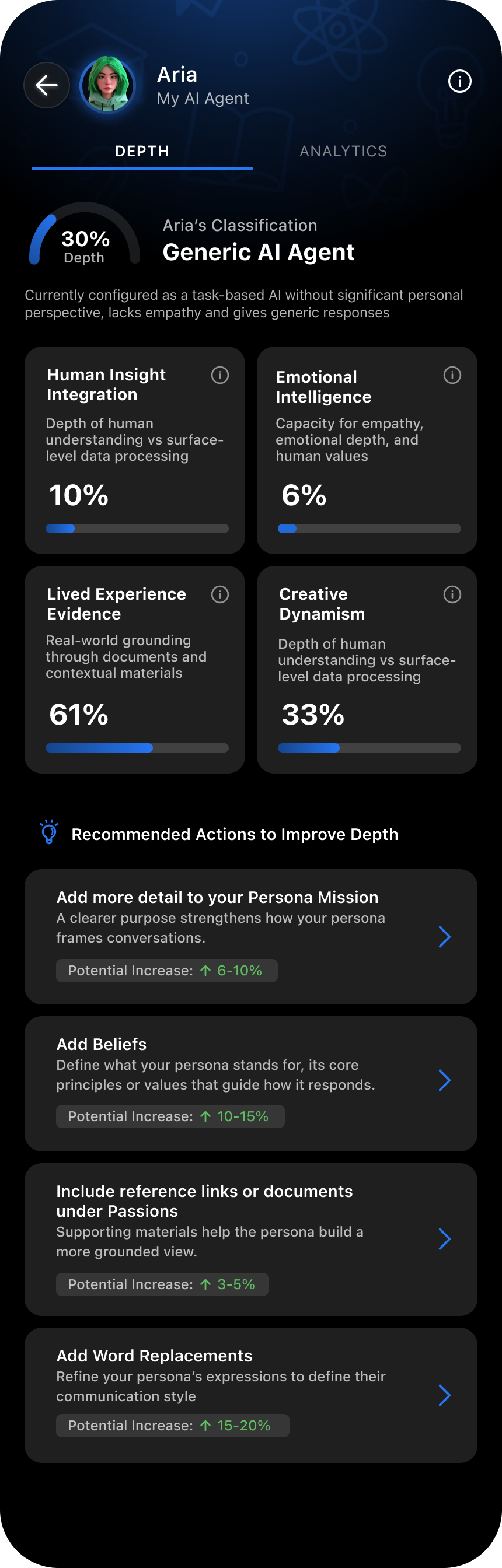 The Depth screen showing a 30% score, a 'Generic AI Agent' classification, four dimension scores, and recommended actions to improve Depth