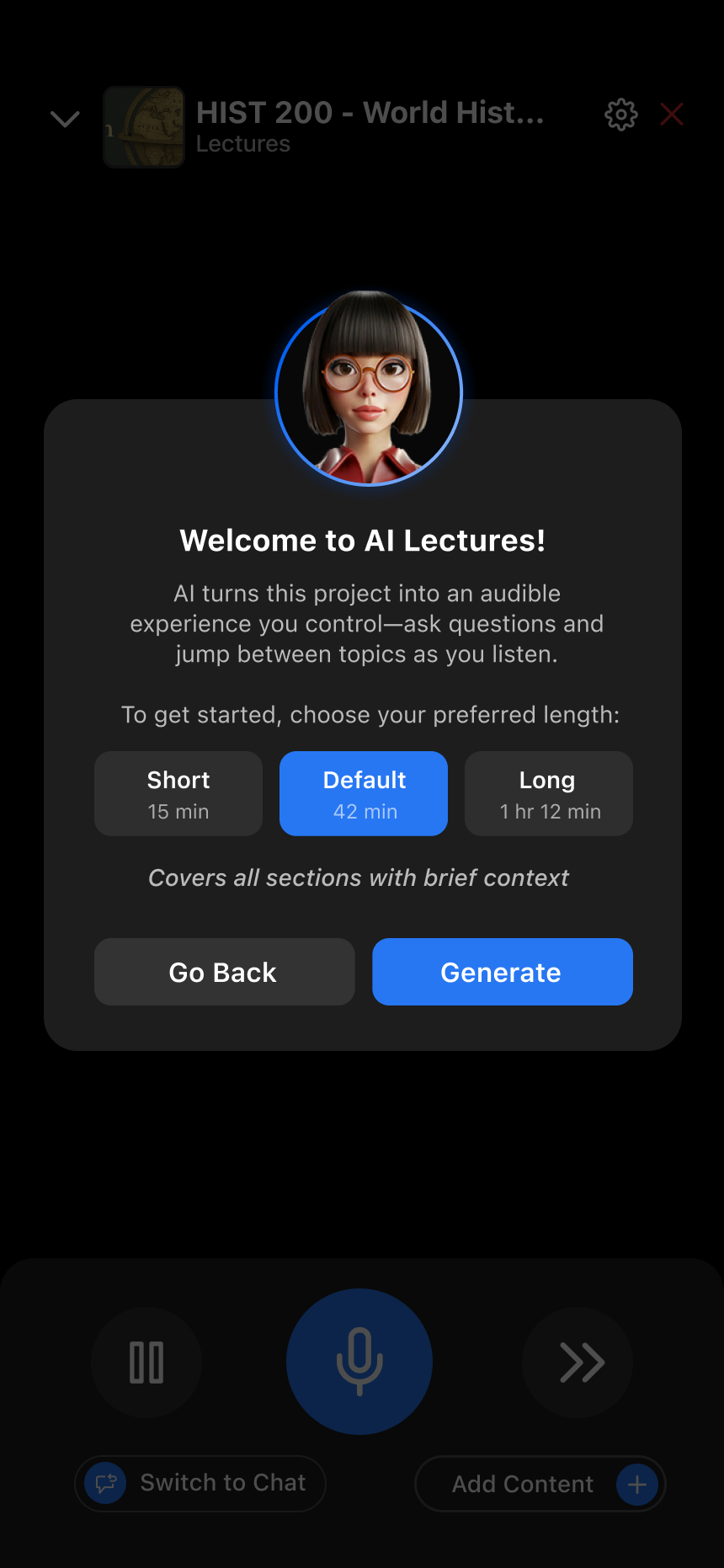The AI Lectures screen with a length picker — Short, Default, or Long — and playback controls including a mic to ask questions