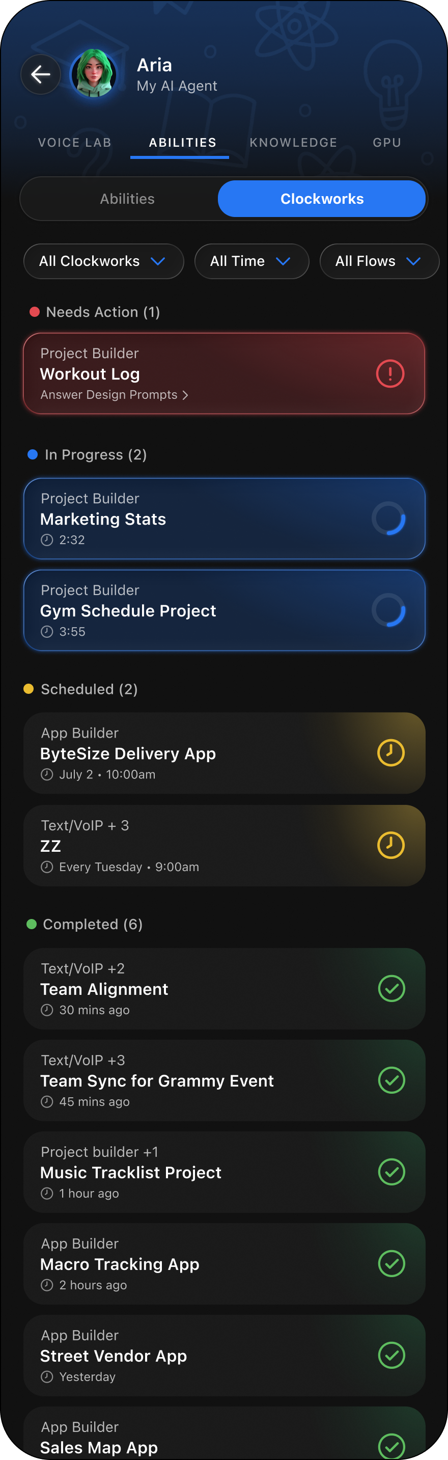 The Clockworks dashboard grouping agent actions into Needs Action, In Progress, Scheduled, and Completed