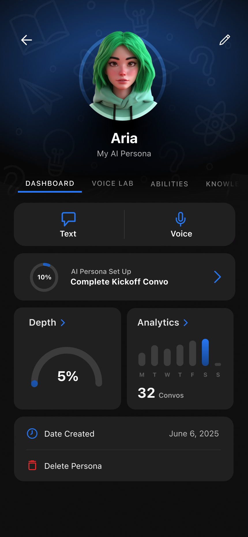 The Agent Dashboard showing your persona, its Depth, and quick actions including Complete Kickoff Convo