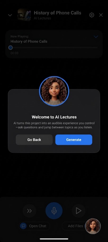 The AI Lectures interface with generation and interactive playback controls
