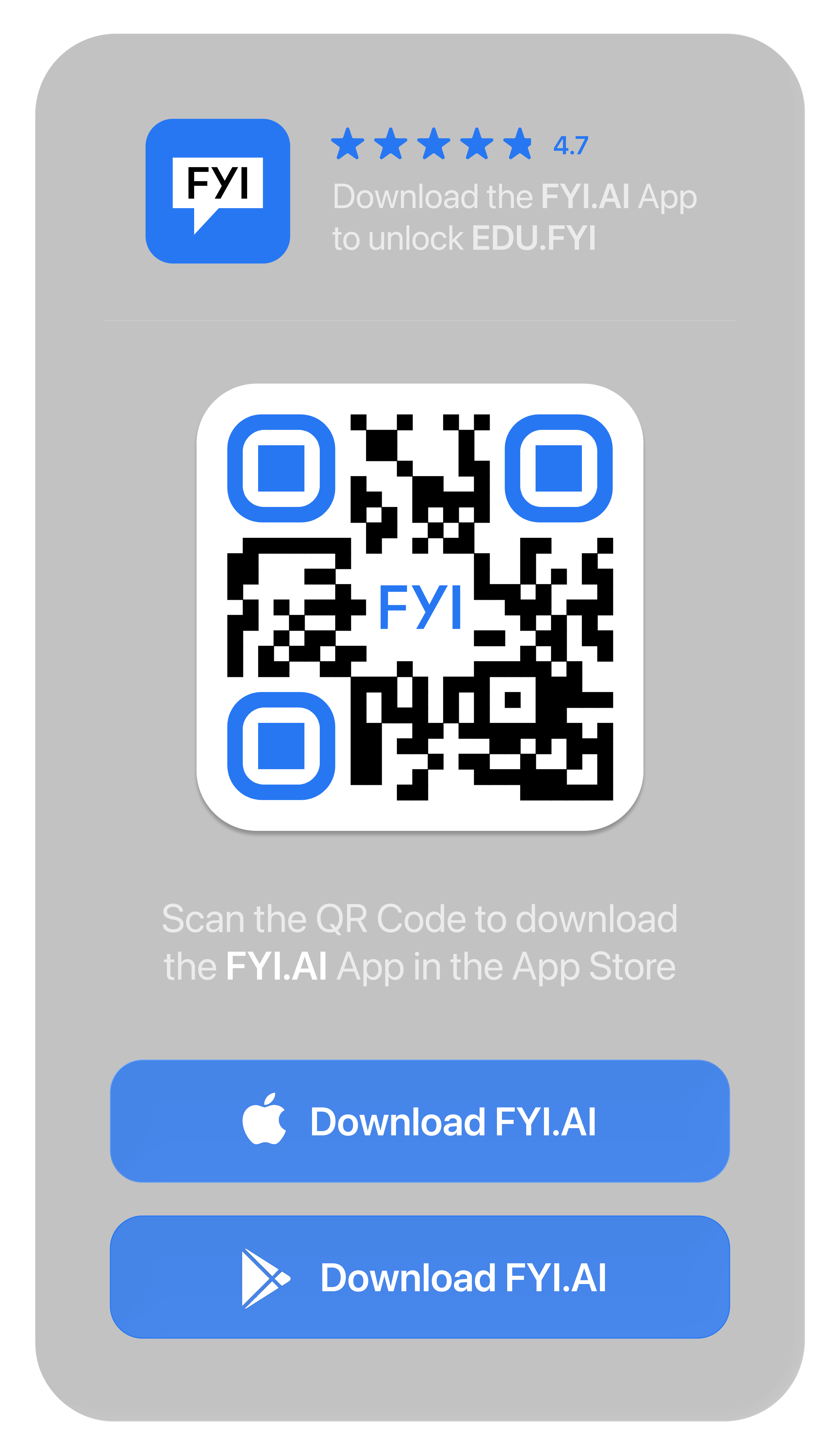Scan the QR code to download the FYI.AI app from the App Store or Google Play