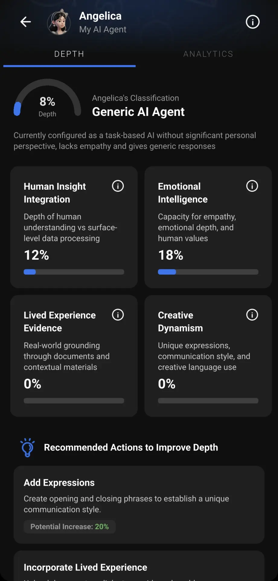 The Depth screen showing a 30% score, a 'Generic AI Agent' classification, four dimension scores, and recommended actions to improve Depth
